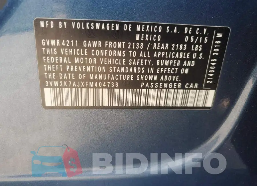 3VW2K7AJXFM404736 Photo# 12