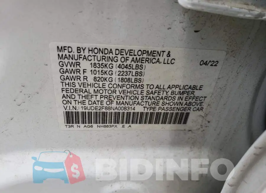 19UDE2F88NA008314 Photo# 13