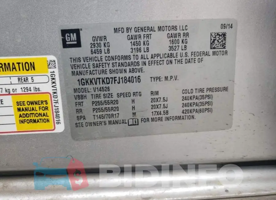 1GKKVTKD7FJ184016 Photo# 13