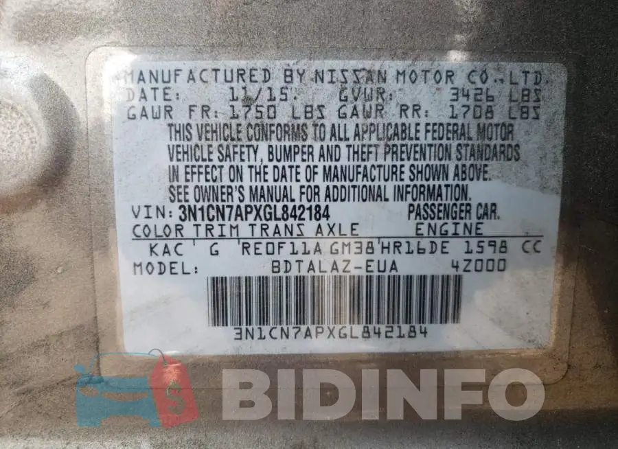 3N1CN7APXGL842184 Photo# 12