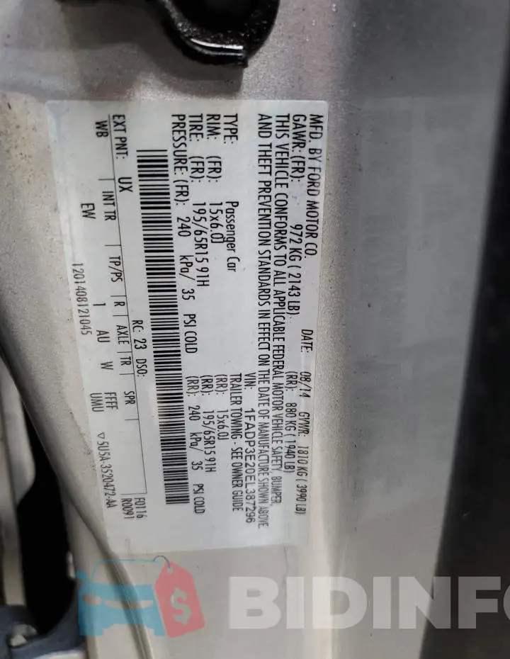 1FADP3E20EL387296 Photo# 12