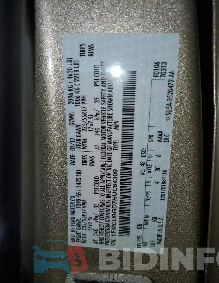 1FMCU0GD7HUC64309 Photo# 13
