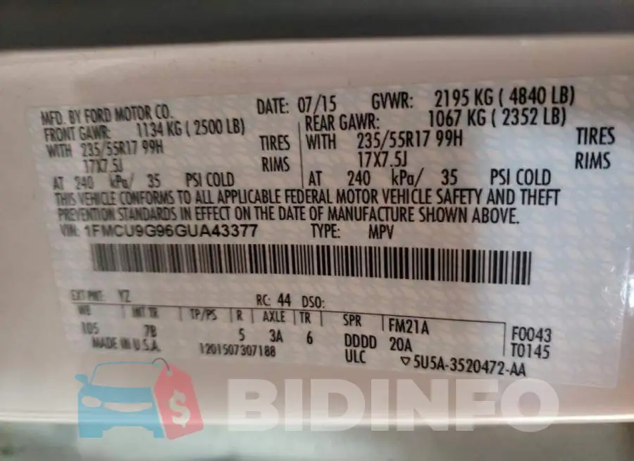 1FMCU9G96GUA43377 Photo# 13