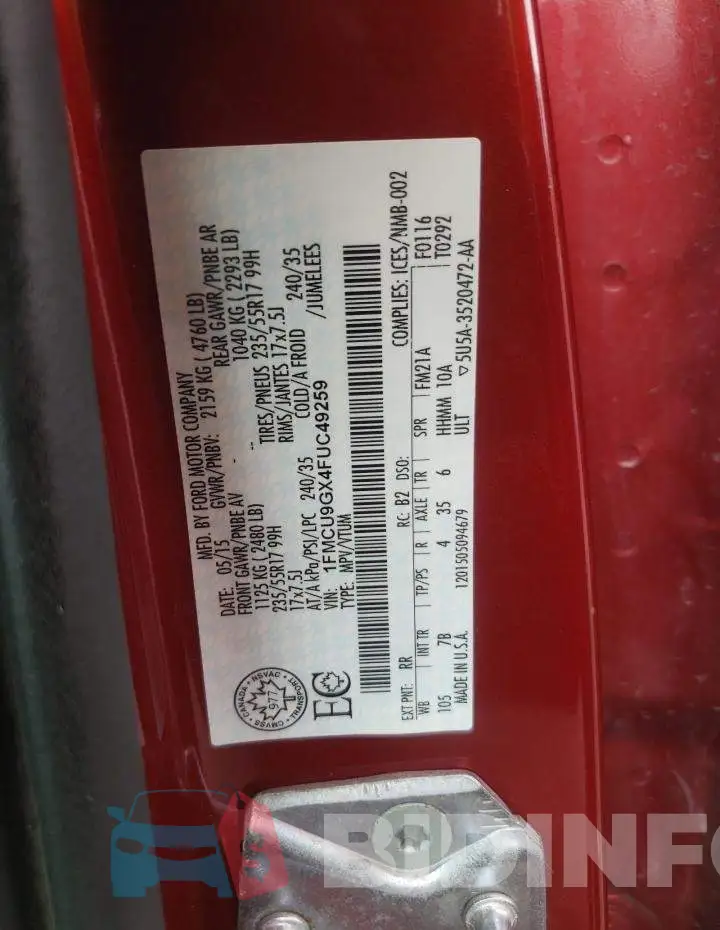 1FMCU9GX4FUC49259 Photo# 12