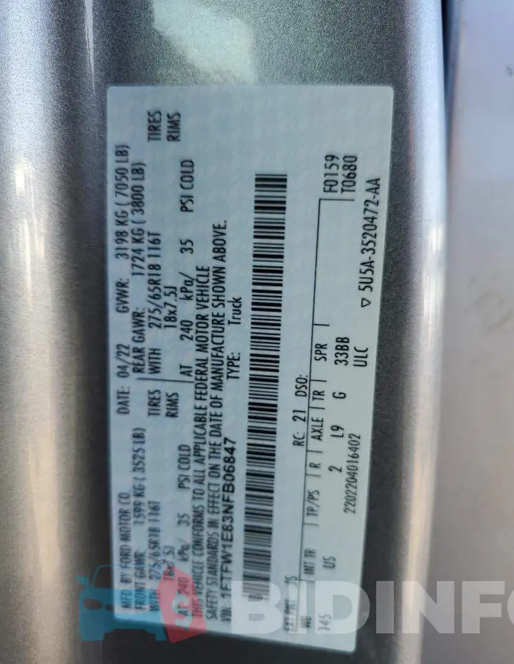 1FTFW1E83NFB06847 Photo# 12