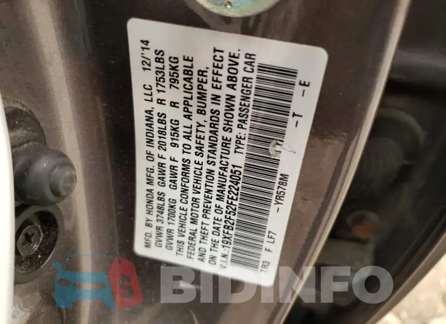 19XFB2F52FE224051 Photo# 13