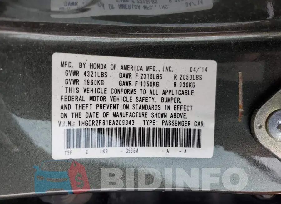 1HGCR2F81EA209343 Photo# 12