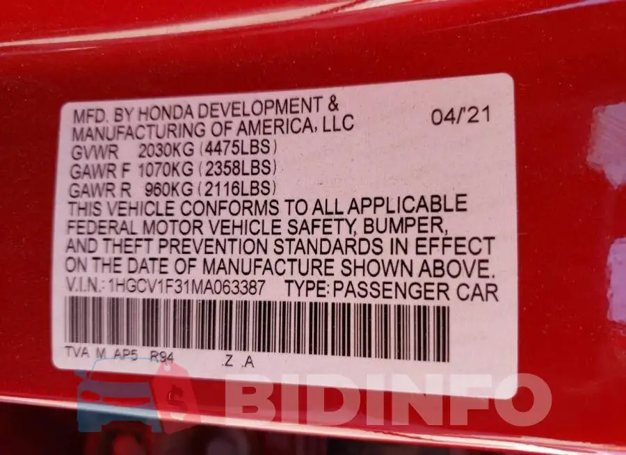 1HGCV1F31MA063387 Photo# 12