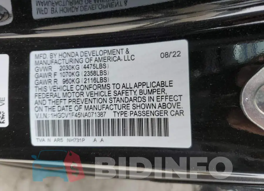 1HGCV1F45NA071387 Photo# 12