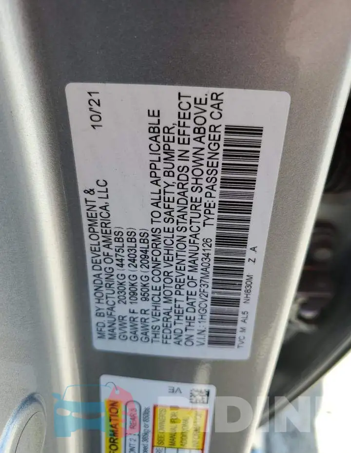 1HGCV2F37MA034126 Photo# 13
