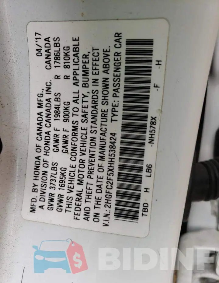 2HGFC2F5XHH538424 Photo# 12