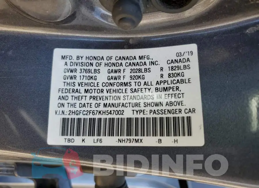 2HGFC2F67KH547002 Photo# 12