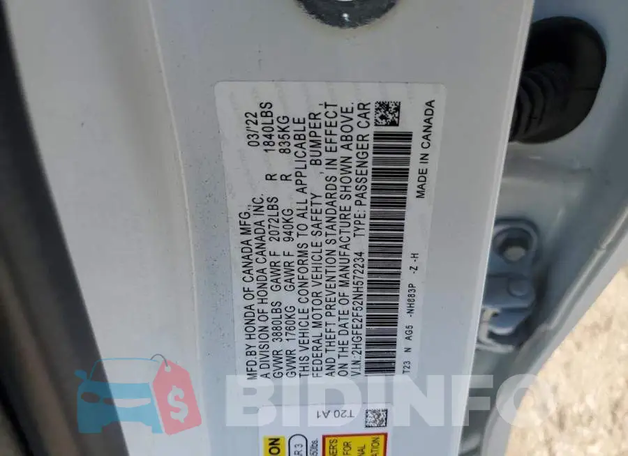 2HGFE2F52NH572234 Photo# 12