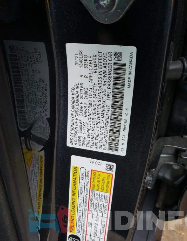 2HGFE2F5XNH517417 Photo# 12
