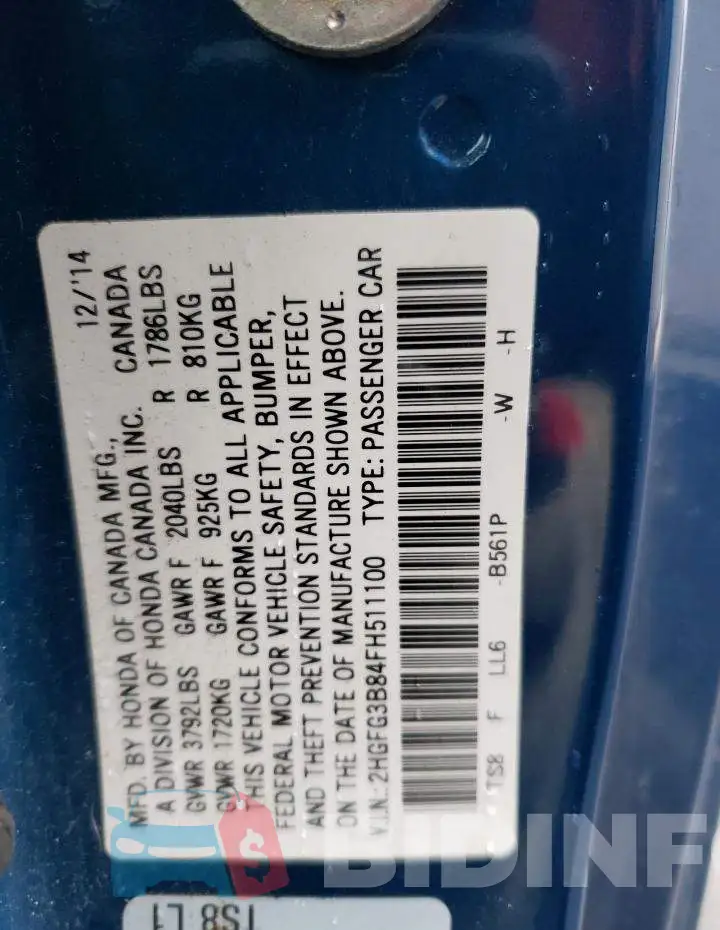 2HGFG3B84FH511100 Photo# 12