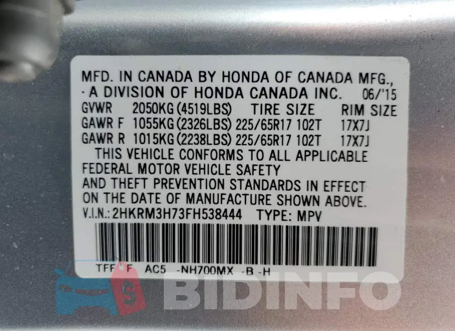2HKRM3H73FH538444 Photo# 12