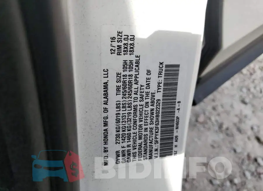 5FPYK3F63HB022329 Photo# 12