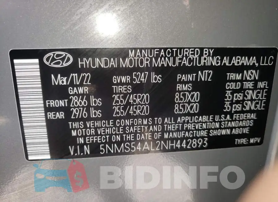 5NMS54AL2NH442893 Photo# 12