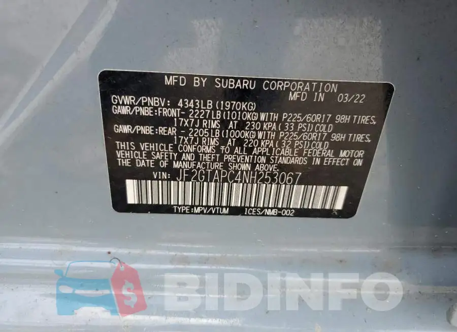 JF2GTAPC4NH253067 Photo# 13