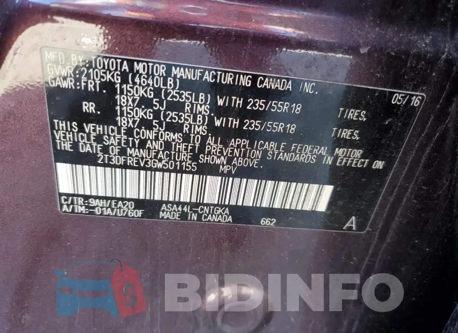 2T3DFREV3GW501155 Photo# 13