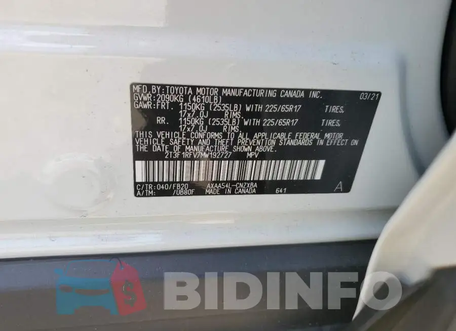 2T3F1RFV7MW192727 Photo# 13