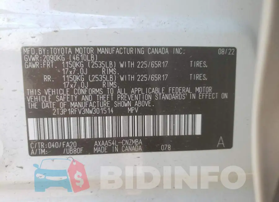 2T3P1RFV3NW301514 Photo# 13