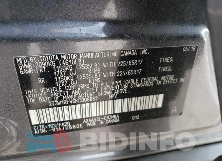 2T3W1RFV6KC008862 Photo# 13