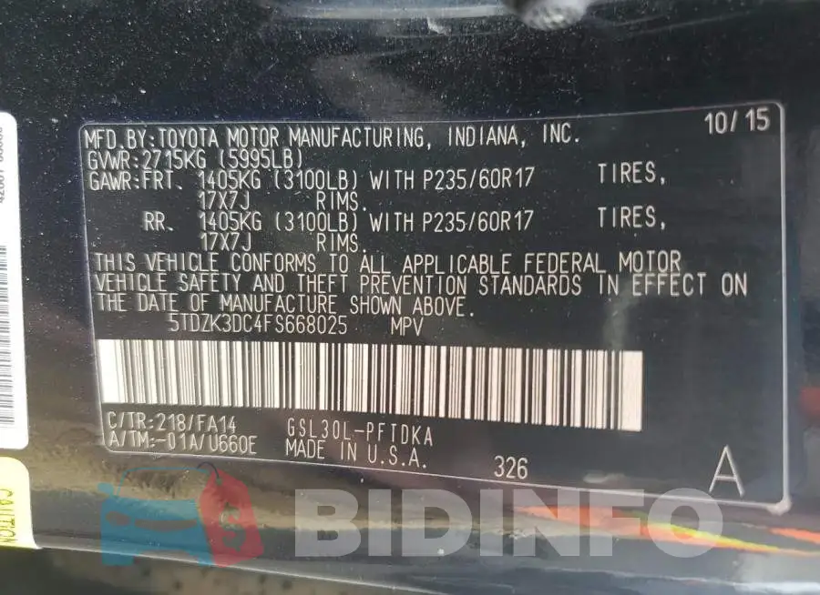 5TDZK3DC4FS668025 Photo# 13