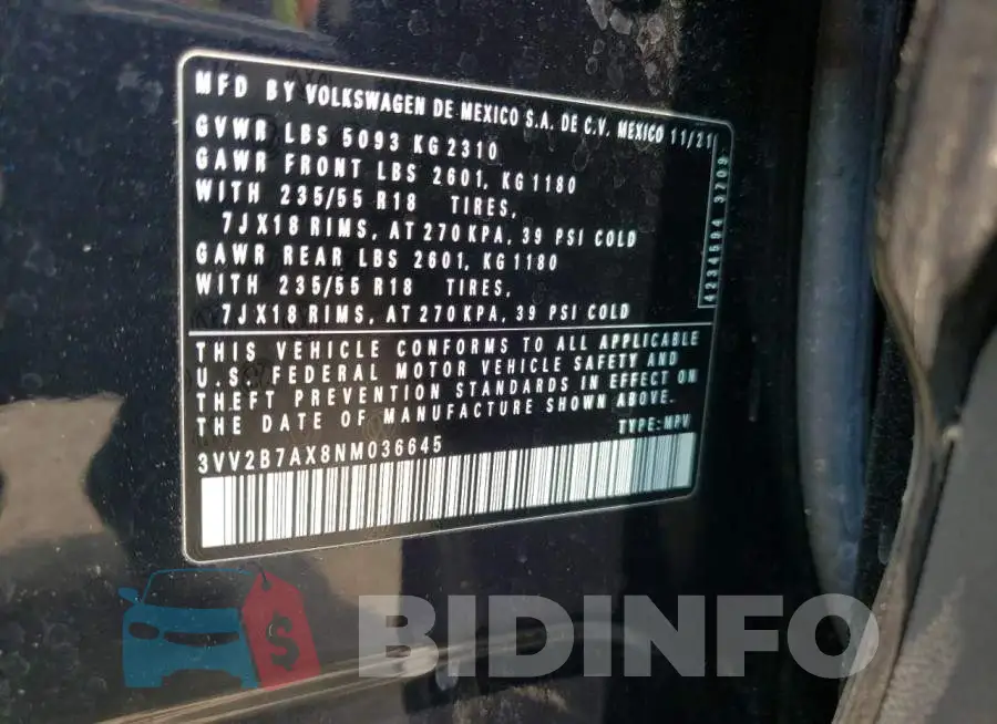 3VV2B7AX8NM036645 Photo# 12