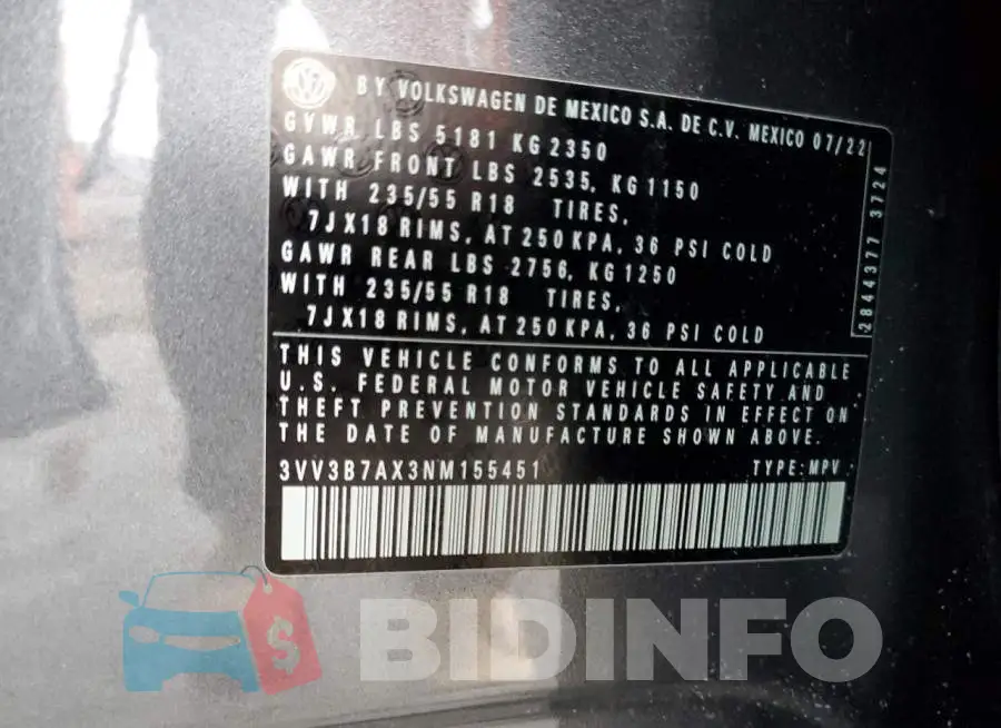 3VV3B7AX3NM155451 Photo# 13