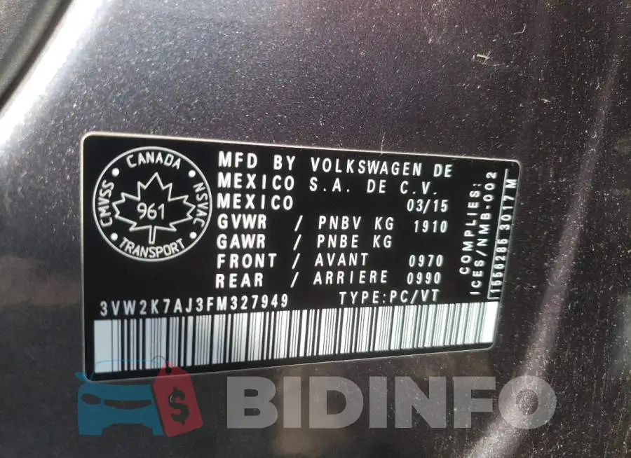 3VW2K7AJ3FM327949 Photo# 12