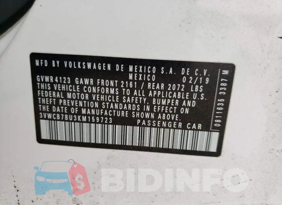 3VWCB7BU3KM159723 Photo# 12