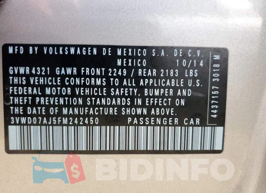 3VWD07AJ5FM242450 Photo# 13