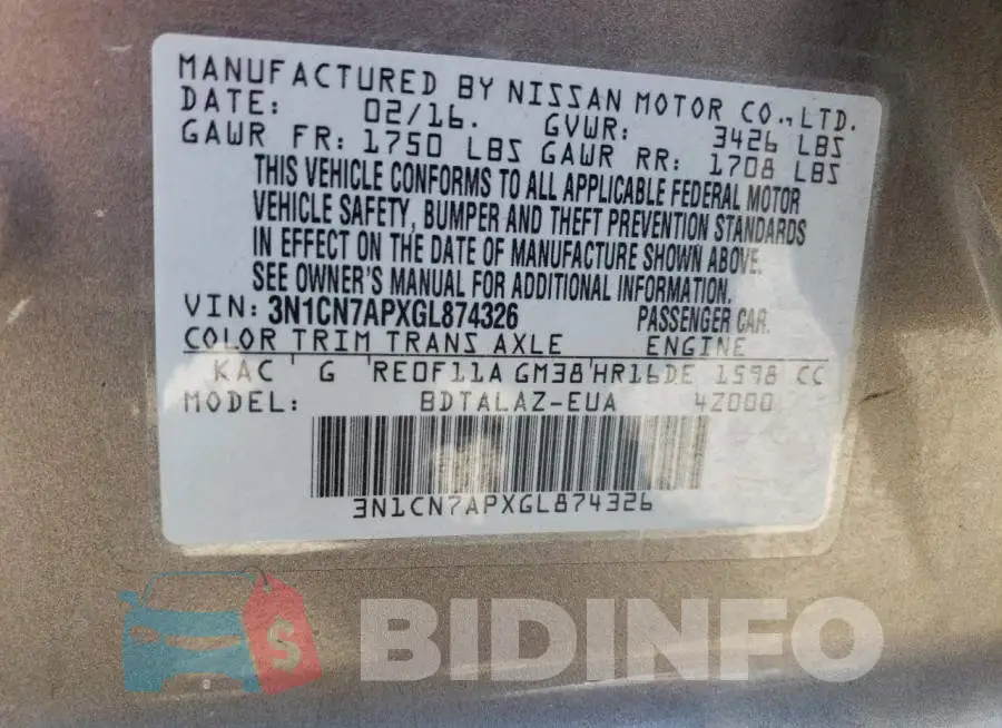 3N1CN7APXGL874326 Photo# 12