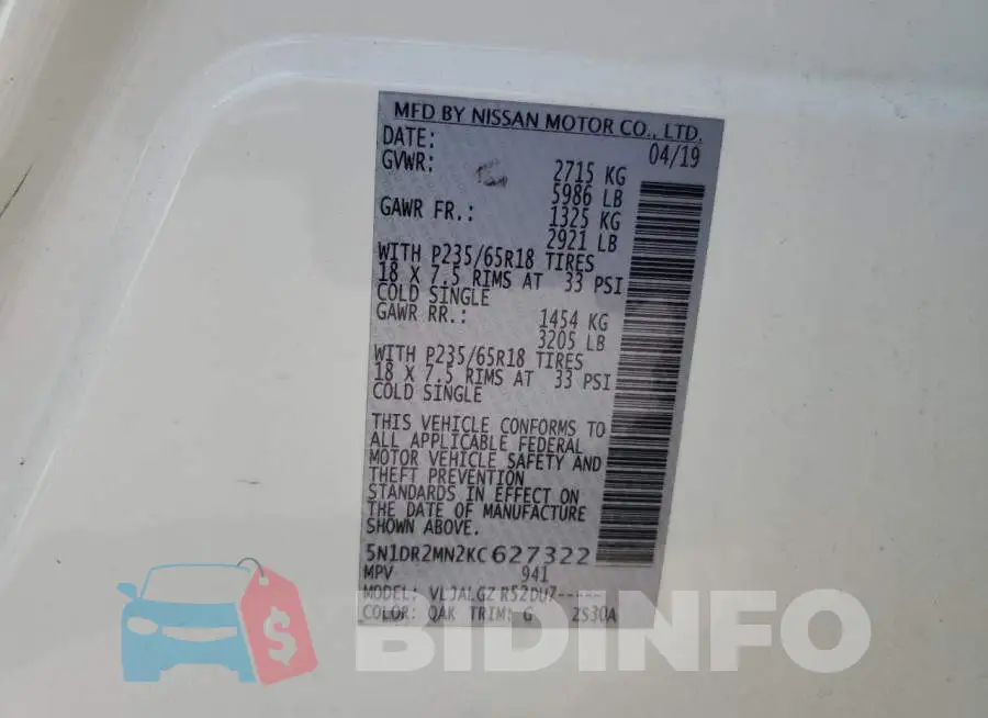 5N1DR2MN2KC627322 Photo# 13