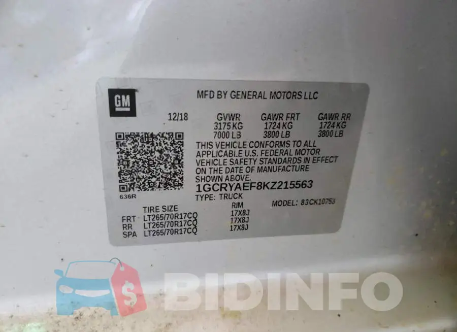 1GCRYAEF8KZ215563 Photo# 12