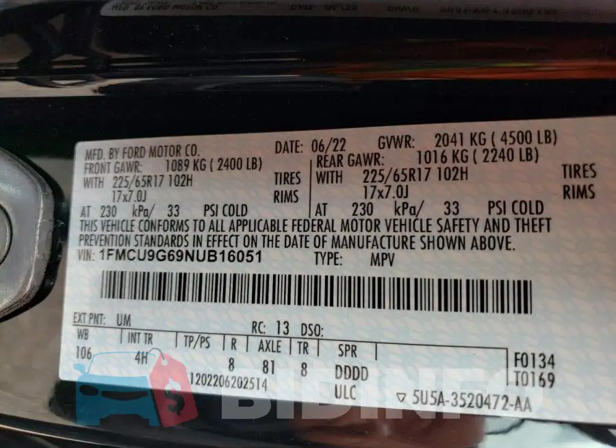 1FMCU9G69NUB16051 Photo# 13
