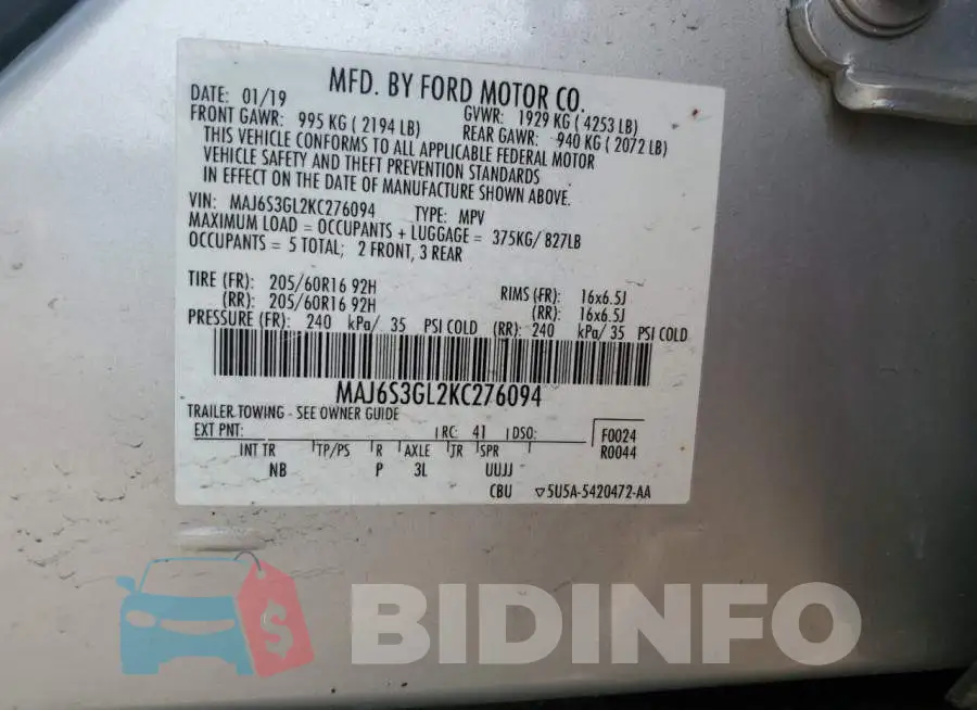 MAJ6S3GL2KC276094 Photo# 13