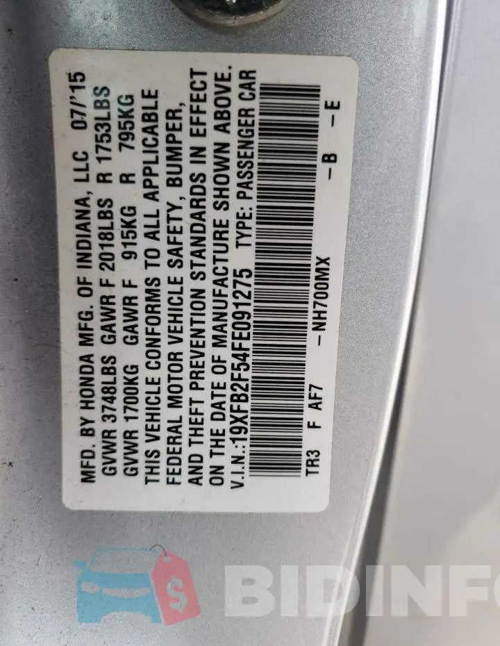19XFB2F54FE091275 Photo# 12