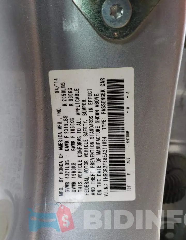 1HGCR2F58EA211094 Photo# 12