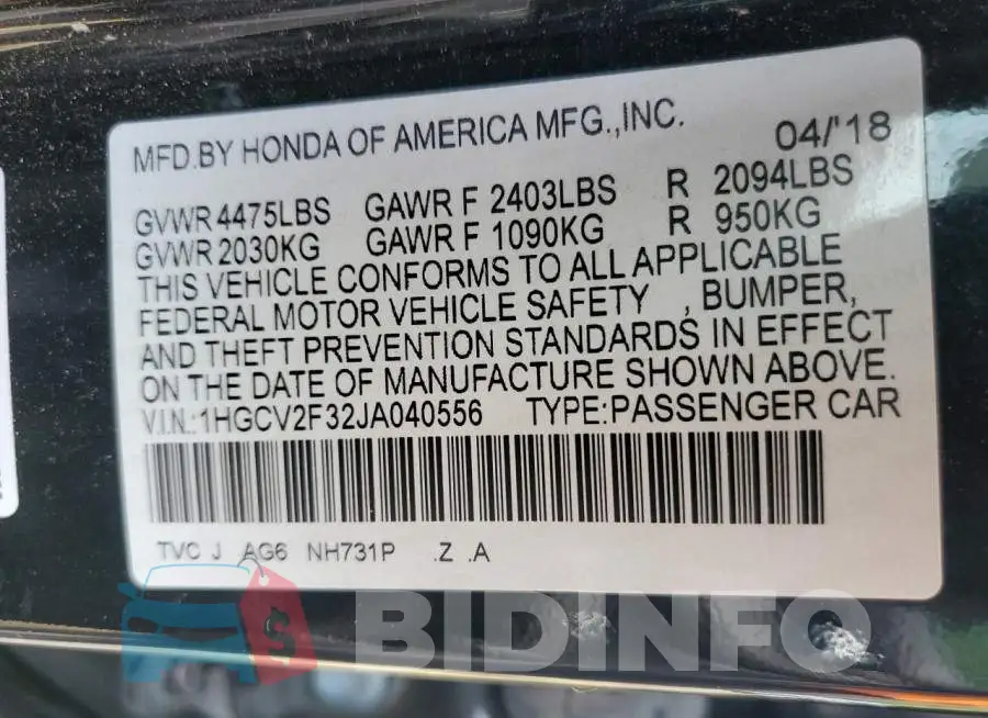 1HGCV2F32JA040556 Photo# 12