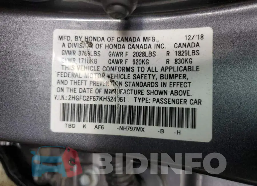 2HGFC2F67KH524061 Photo# 12