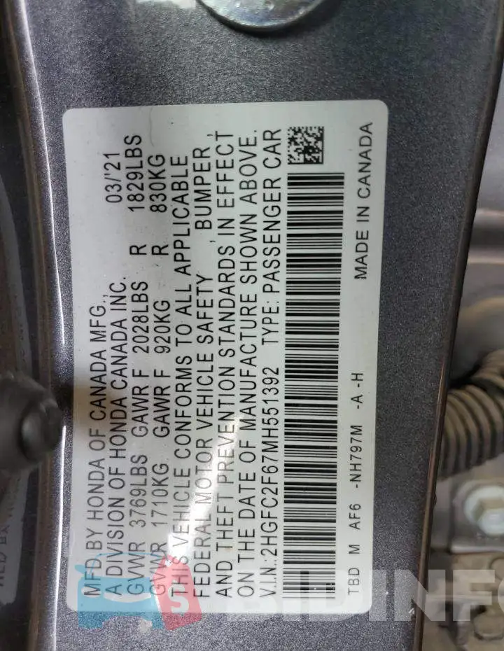 2HGFC2F67MH551392 Photo# 13