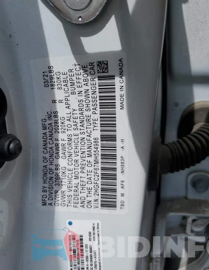 2HGFC2F67MH554986 Photo# 12
