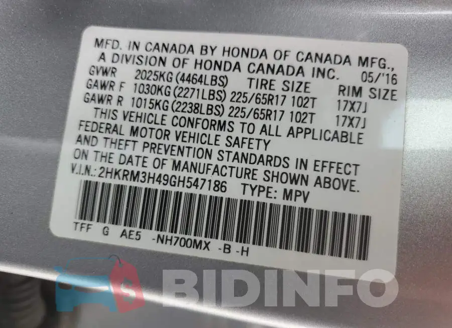 2HKRM3H49GH547186 Photo# 14