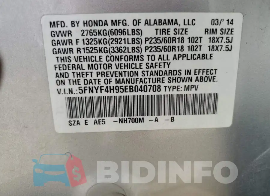 5FNYF4H95EB040708 Photo# 13
