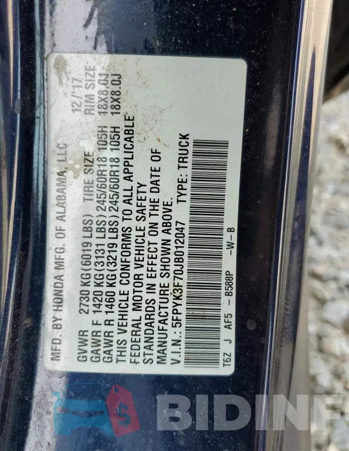5FPYK3F70JB012047 Photo# 12