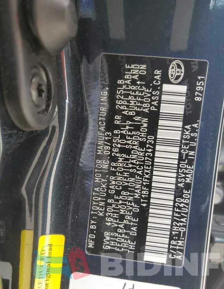4T1BF1FKXEU734730 Photo# 13