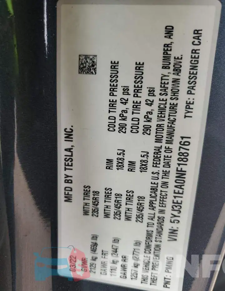 5YJ3E1EA0NF188761 Photo# 12