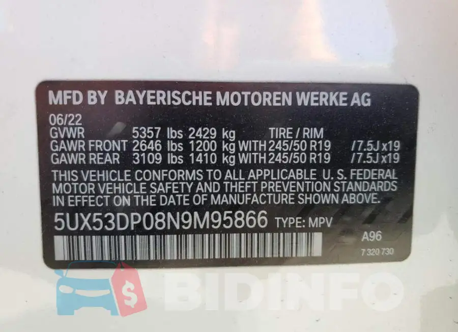 5UX53DP08N9M95866 Photo# 14